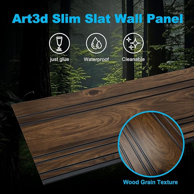 Art3d 4-Pack Glue-On Wall Panels, Wood Grain Texture Interior Wall Decor, 104"x12" Recycled Polystyrene Wainscoting Panels, Low Emission for Living Room Bedroom,Eatrh Walnut