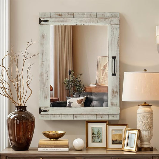Oakrain Farmhouse Mirror, 24x32 Inch Distressed Gray Wood Frame with Black Metal Hinges, Rustic Wall Mirror for Bathroom, Living Room, Entryway, Bedroom