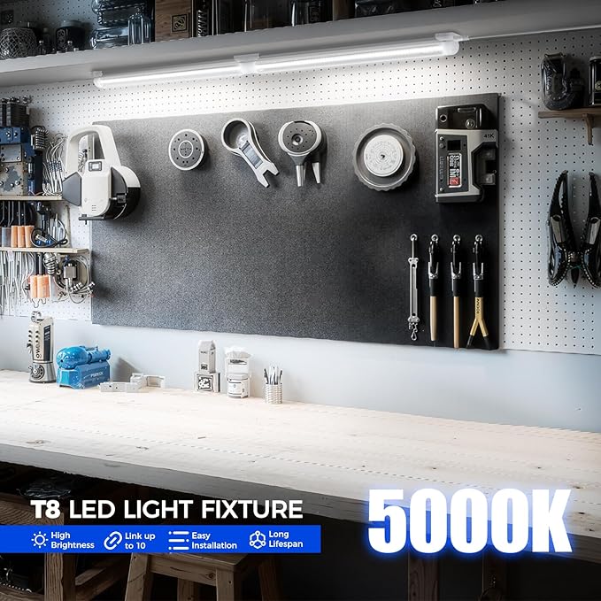 Barrina 5000K 1.5FT LED Shop Light, 3450LM, 25W, T8 Under Cabinet Lighting, Workbench, Workshop, Room, Kitchen, Tube Light, Linkable Ceiling Lights Fixture with Built-in ON/Off Switch, ETL, 2 Packs