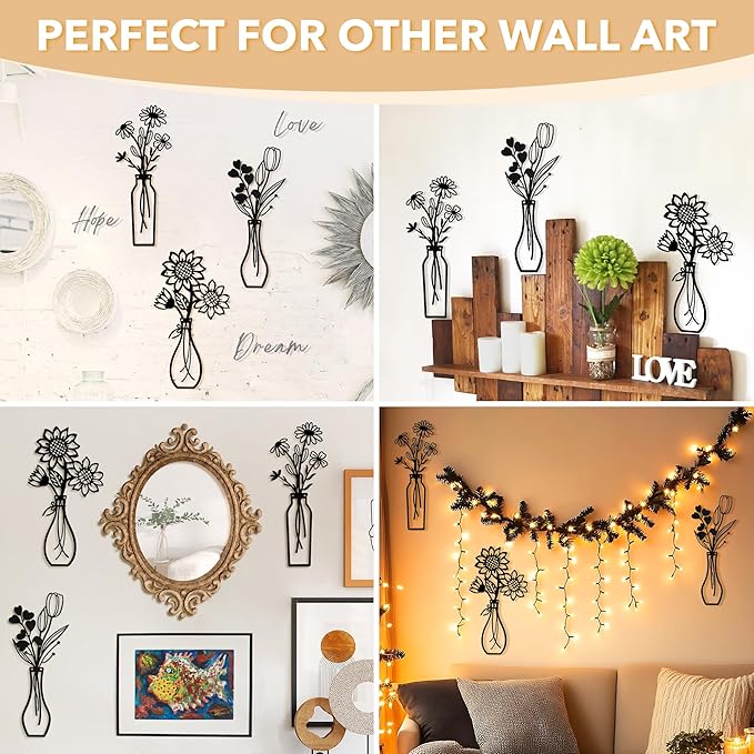 Mcdagogn 3 Pieces Metal Flowers Wall Arts - Rustic Farmhouse Wall Decor, Minimalist Black and White Wall Decor for Living room Bathroom Bedroom Dining Room Kitchen Office - Housewarming Gifts