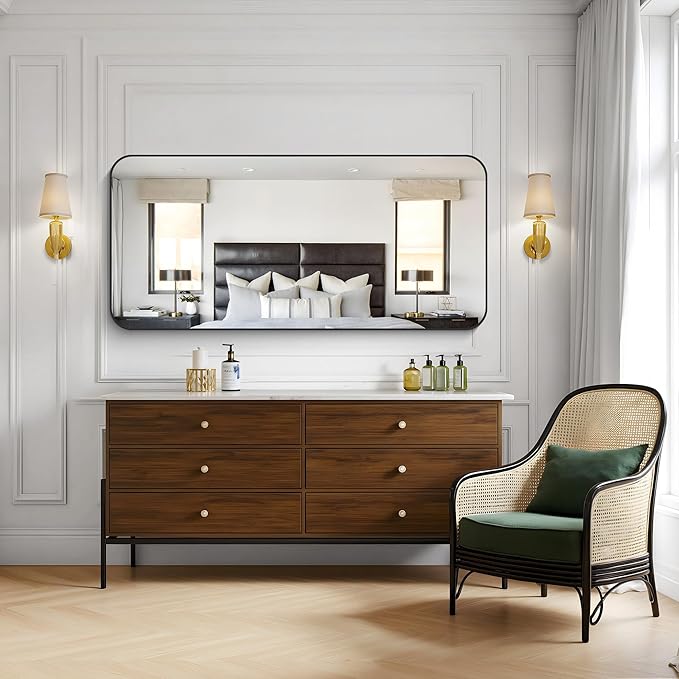 KOCUUY Black Bathroom Mirror 60"x28", Large Vanity Mirror with Rounded Corner, Metal Black Frame with Mordern Design for Bathroom, Living Room, Entryway, Hang Horizontal/Vertical