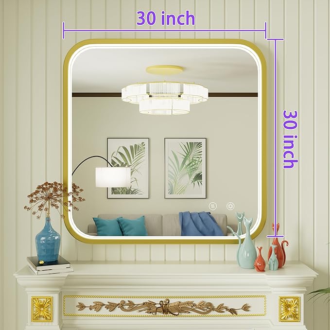 30x30 Inch Gold LED Mirror for Bathroom, 3000K/4500K/6000K, Framed Lighted Bathroom Vanity Mirror with Lights, Anti-Fog, Stepless Dimmable, Memory, Wall Mounted, Horizontal/Vertical