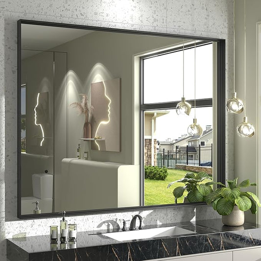 40x36 Inch Black Metal Framed Bathroom Mirror for Wall, Matte Black Rectangle Mirror with Square Corner, Anti-Rust, Shatterproof (Horizontal/Vertical)