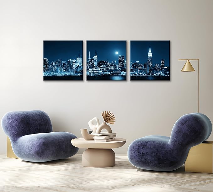 NAN Wind 3-Piece Modern Manhattan Night Skyline Canvas Art Blue Moon Urban Cityscape Wall Decor Contemporary NYC-Inspired Night View Panoramic Prints Framed City Canvas Set for Home Office Living Room