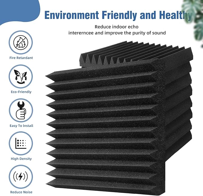 Acoustic Panels Foam for Walls, Sound Absorbing Panels, High Density Soundproof Panels Fire Resistant for Studio Recording 2"x12"x12" (Black, 50 Pack)