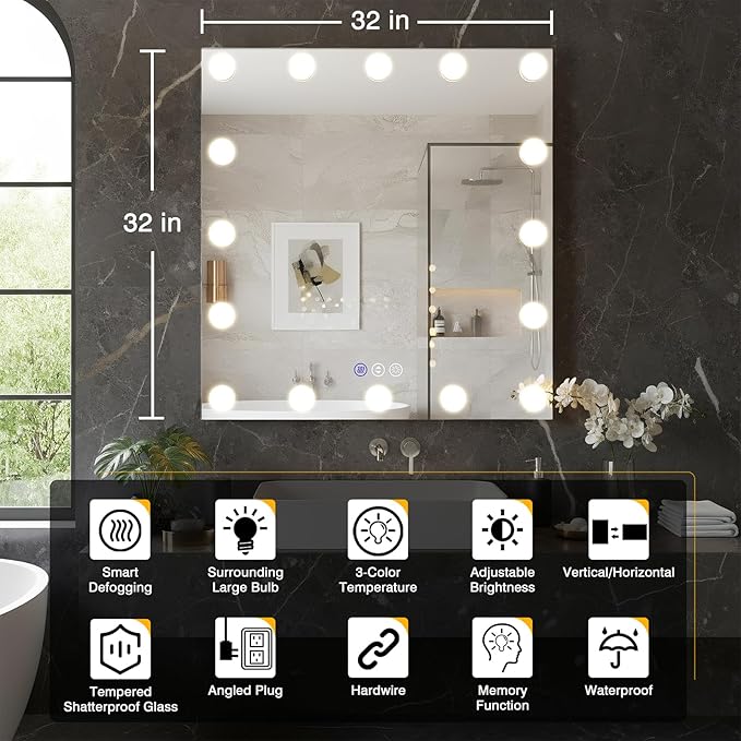 32x32 Hollywood LED Bathroom Mirror with LED Bulbs, Colors Changeable & Brightness Dimmable, Anti-Fog Mirror, Shatter-Proof, Memory, Touch Screen Mirror, Wall Mounted, Horizontal/Vertical
