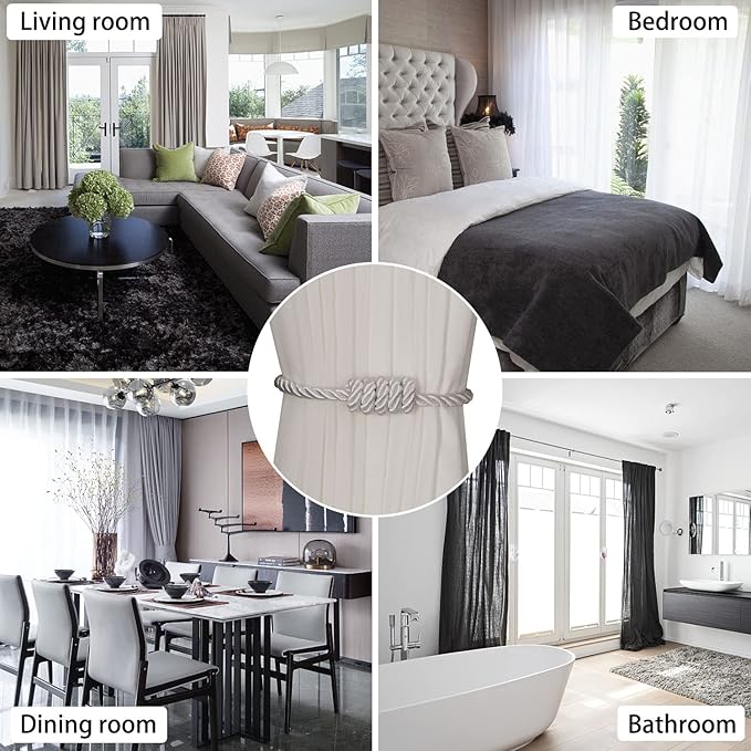 BEL AVENIR Magnetic Curtain Tiebacks, Decorative Drapery Holdbacks Modern Woven Tie-Backs with Exquisite Knot (White, 2 Pack)