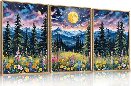 Colorful Mystical Mountain Moon Framed Canvas Wall Art Set,Dreamy Starry Moonlit Nature Forest Wall Decor,Modern Abstract Wildflower Pine Tree Landscape Artwork for Living Room-24"x36"x3