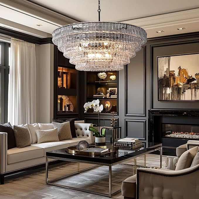 47 Inch Round Chandelier Clear Glass, Extra Large Drum Pendant Light for Dining Room, Modern Crystal Glass Ceiling Fixture Perfect for Living Room, Foyer