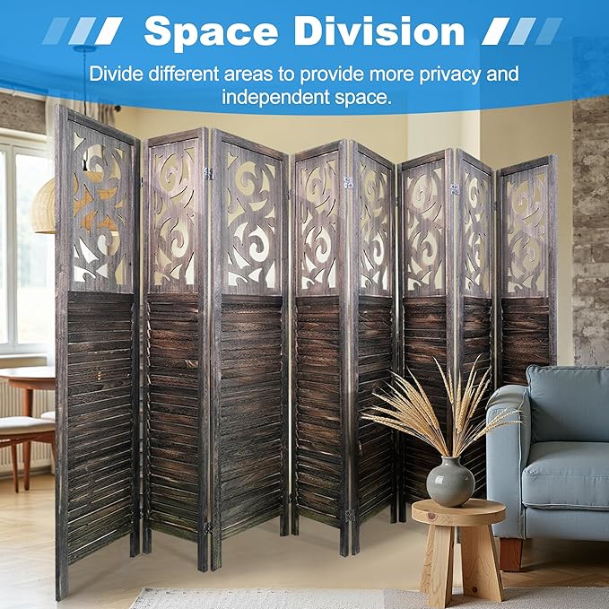 2 PCS Room Dividers 8 Panel Room Divider 5.6FT Wood Carved Room Dividers, Folding Privacy Screens Portable Freestanding Partition Wall Dividers for Bedroom, Office, Rustic Brown