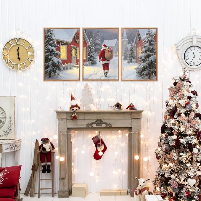 Aurlan Santa Claus is Coming to Town Framed Wall Art(12"x16"), 3PCS Vintage Christmas Winter Holiday Canvas Artwork, Large Xmas Snow Forest Cabin Cottagecore Decor for Home Office Bedroom