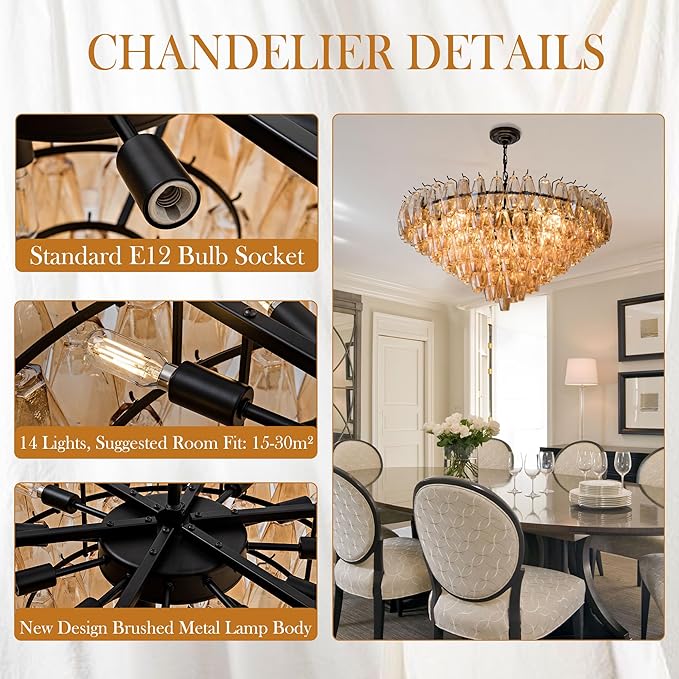 Large Chandelier, 37" Smoke Glass Chandelier for Living Room, 14-Light Round Drum Kitchen Island Hanging Light Fixture Perfect for Dining Room, Bedroom,Kitchen, Foyer- Black