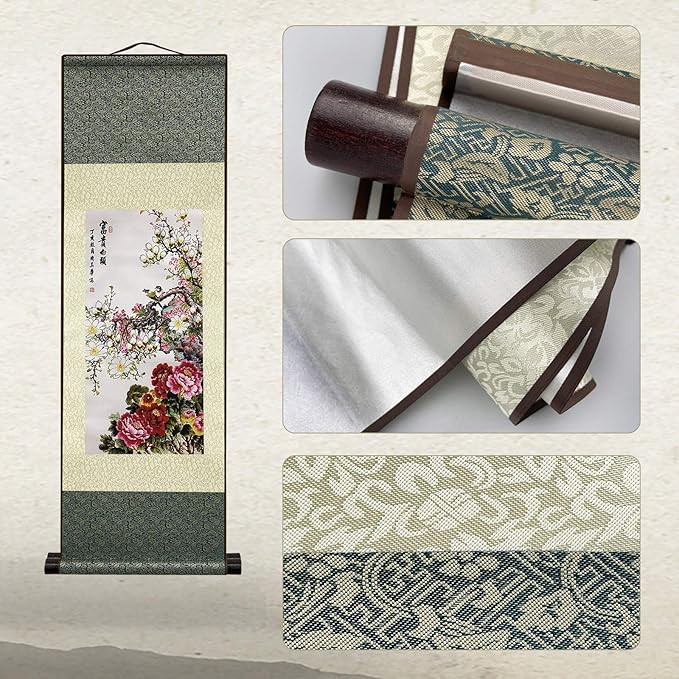 AtfArt Asian Wall Decor Beautiful Silk Scroll Painting Flowers - Rich and noble - Rich White Head Oriental Decor Chinese Art Wall Scroll Wall Hanging Painting Scroll (36.2x 12 in)