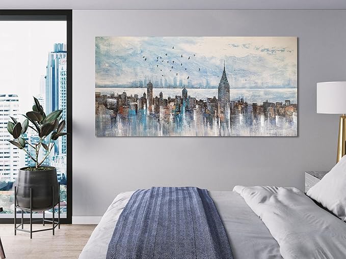 Arjun Cityscape Wall Art New York City Skyline Picture Modern Abstract Grey NYC Skyline Painting Framed Artwork for Bedroom Living Room Home Office Decor, Large 48"x24"