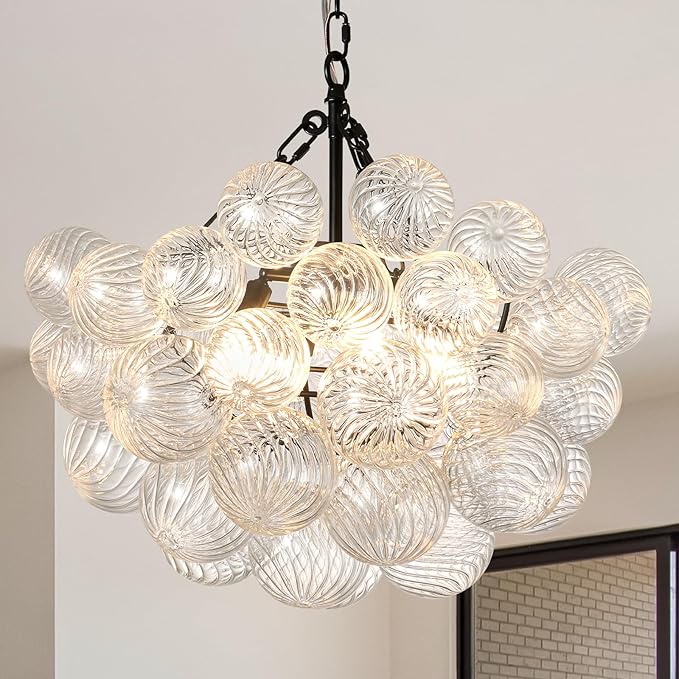 Nordic Bubble Ball Swirled Modern Chandelier,Dia 20 Inch Bubble Chandelier Lighting, Black and Clear Glass Chandelier,for Bedroom Study Restaurant