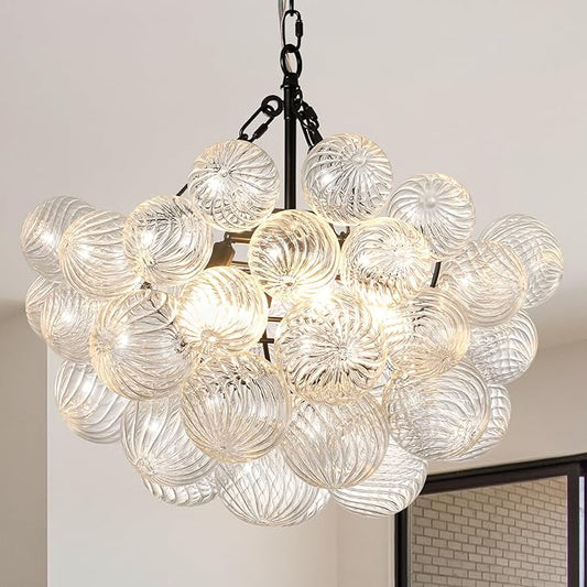 Nordic Bubble Ball Swirled Modern Chandelier,Dia 20 Inch Bubble Chandelier Lighting, Black and Clear Glass Chandelier,for Bedroom Study Restaurant