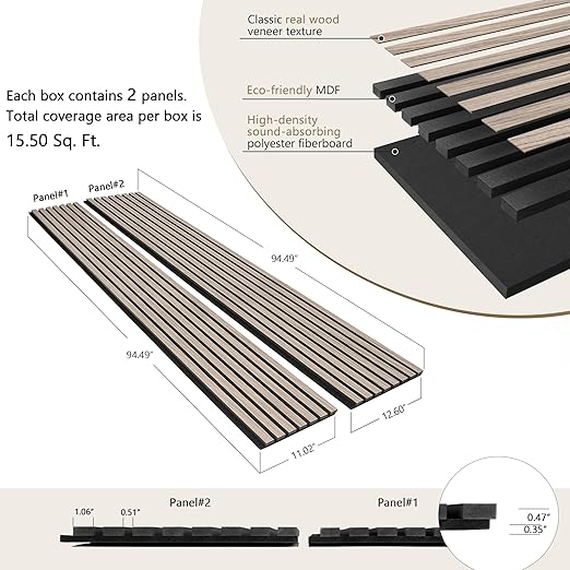 3D Wood Slat Sound Absorbing Acoustic Panels - Wall Decor with Felt Backing, Set of 2 Panels, Size 94.5x23.6 inches per Box, Covers 23.6 sq ft, Walnut