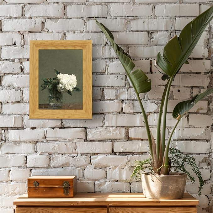 Brivoria Framed Canvas Wall Art Vintage Decor, White Roses in Glass Vase Realist Still Life Painting with Olive Green Background for Bedroom Bathroom Entryway Kitchen Decor, 8"x10"