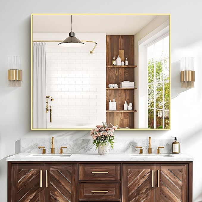 40x48inch Gold Bathroom Mirror, Silver Rectangle Mirror with Frame, Large Rectangular Wall Mirrors for Bathroom, Living Room, Hair Salon, Big Farmhouse Mirror Hang Horizontal/Vertical