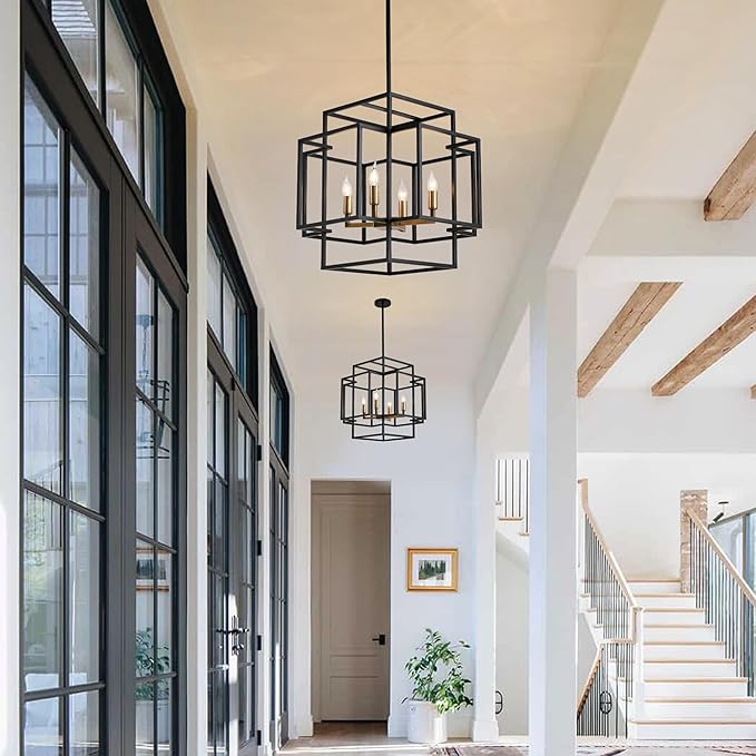 4-Light Black and Gold Chandelier, Modern Dining Room Light Fixture, Farmhouse Hanging Lantern Pendant Light, Industrial Ceiling Foyer Chandeliers, for Kitchen Island,Staircase,Entryway