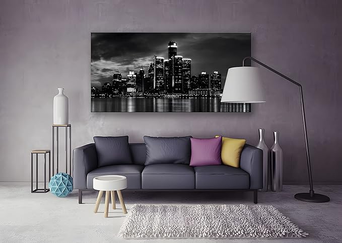 NAN Wind Detroit Skyline Canvas Wall Art Cityscape Night Scene Black & White City Art Print on Canvas Modern Giclee Framed Painting for Room Decor Home Decor Detroit Skyline Picture Prints