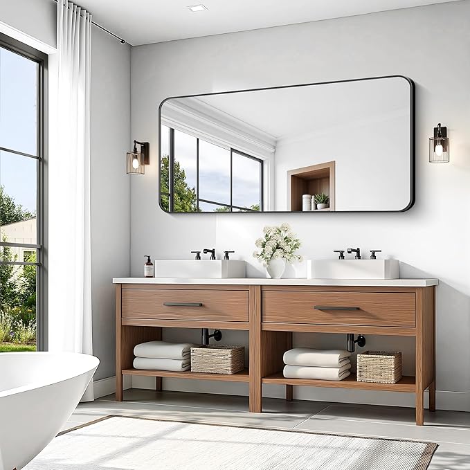 KOCUUY 60"x30" Large Rectangle Vanity Mirror, Black Metal Frame Mirror with Rounded Corner, Modern Design of Upgraded Shatterproof Glass for Bathroom, Bedroom, Living Room, Entryway