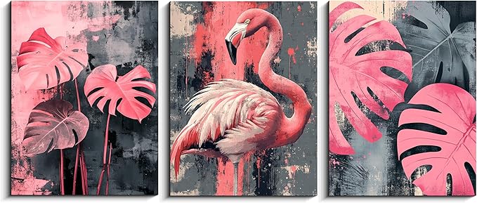 NAN Wind 3PCS Pink Flamingo Wall Art Modern Tropical Monstera Leaves Canvas Print Palm Leaf Bird Wall Decor Contemporary Botanical Print Nature-Inspired Artwork Living Room Decor Bedroom Home