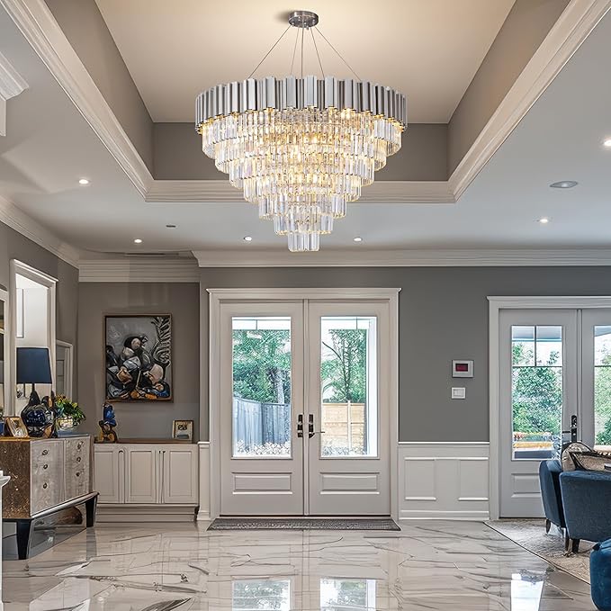 7-Tier 39" Silver Chandelier, 21-Light Modern Crystal Chandelier, Luxury Round K9 Crystal Chandeliers Light Fixture for Dining Room, Living Room, Bedroom, Foyer, Entryway, Kitchen, Restaurant