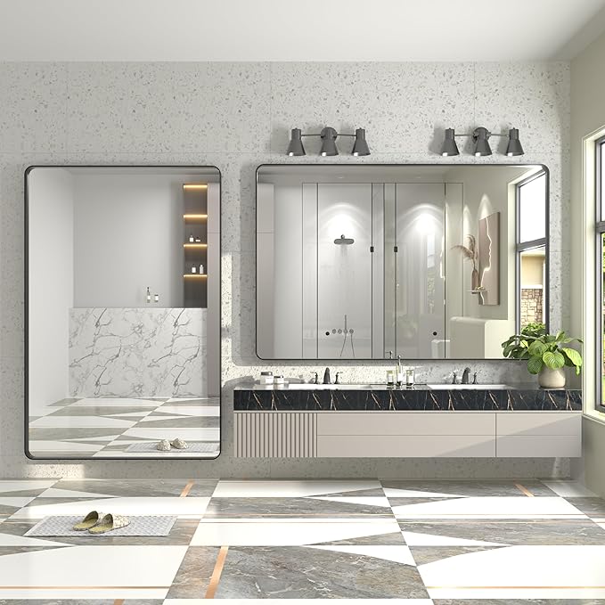 60x40 Inch Black Metal Framed Bathroom Mirror for Wall, Large Rounded Rectangle Mirror, Matte Black Bathroom Vanity Mirror, Anti-Rust, Shatterproof, Hangs Horizontally or Vertically
