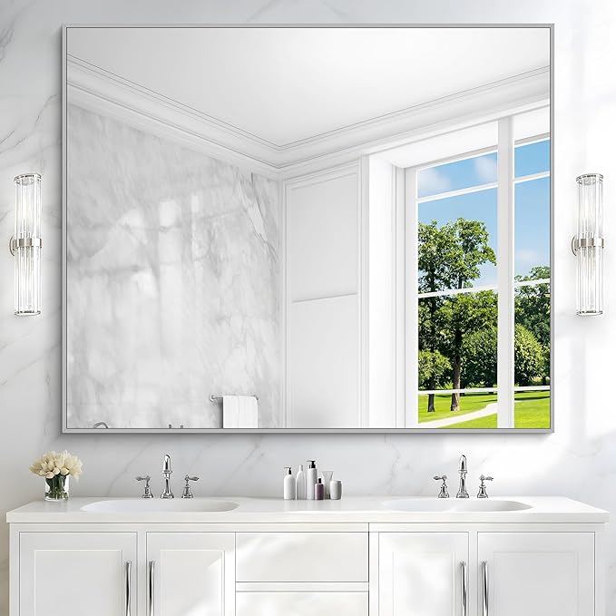 40x48inch Silver Bathroom Mirror, Silver Rectangle Mirror with Frame, Large Rectangular Wall Mirrors for Bathroom, Living Room, Hair Salon, Big Farmhouse Mirror Hang Horizontal/Vertical
