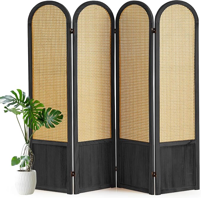 4 Panel Room Divider and Folding Privacy Screen 5.6 Ft Foldable Double Hinged Room Partition, Hand-Woven Rattan Room Divider Portable Wood Wall Divider for Room Separation, Home, Black