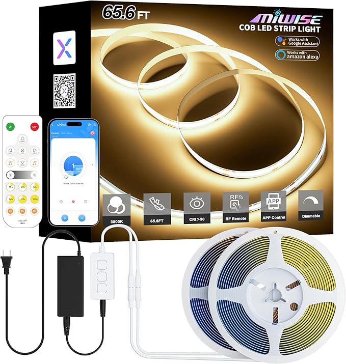 MIWISE COB LED Strip Lights 65.6ft/20m,UL-Listed CRI 90+ Dimmable 3000K Warm White Super Bright,with APP Control/RF Remote,Work with Alexa/Google,for Home/Cabinet/Bedroom/Kitchen DIY Lighting Projects