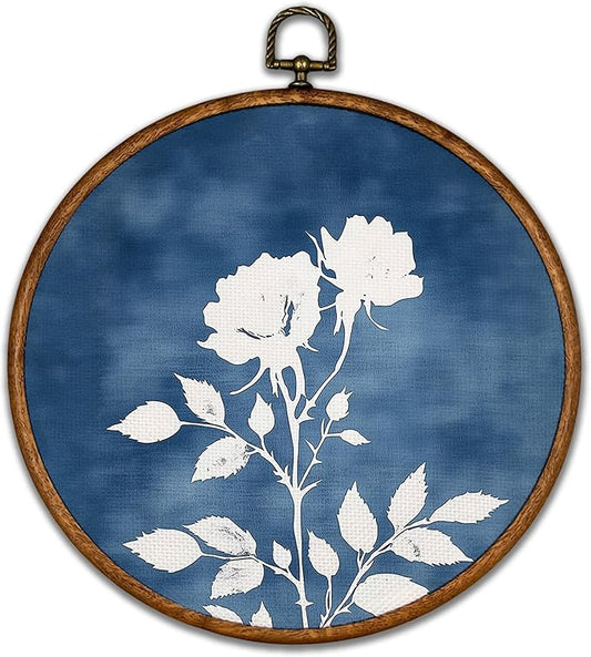 BCUANGD Vintage Navy Blue Round Wall Art Decor - Retro Floral Botanical Wall Art Canvas Frame Artwork Prints, Neutral Mid Century Modern Round Wall Hanging Decorations for Home, 10"x10"