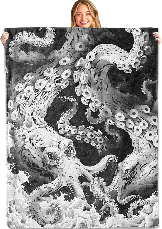 Octopus Kraken Throw Blanket, 50x60in, Soft, Lightweight Flannel,Gothic Bold Black and White Tentacle Art with Ocean Waves Blankets, Nautical Sea Monster Gifts, for Home Living Room Decor