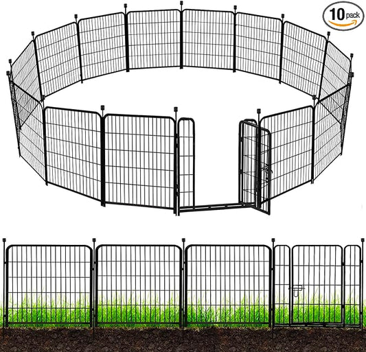 ADAVIN Tall Garden Fence 54 in(H)×22.1 Ft(L),10 Panels Dog Fence Outdoor for Yard, Heavy Duty Iron Metal Fence with Gate Low Threshold, No Dig Fences Panels, Animal Barrier Fences, Black