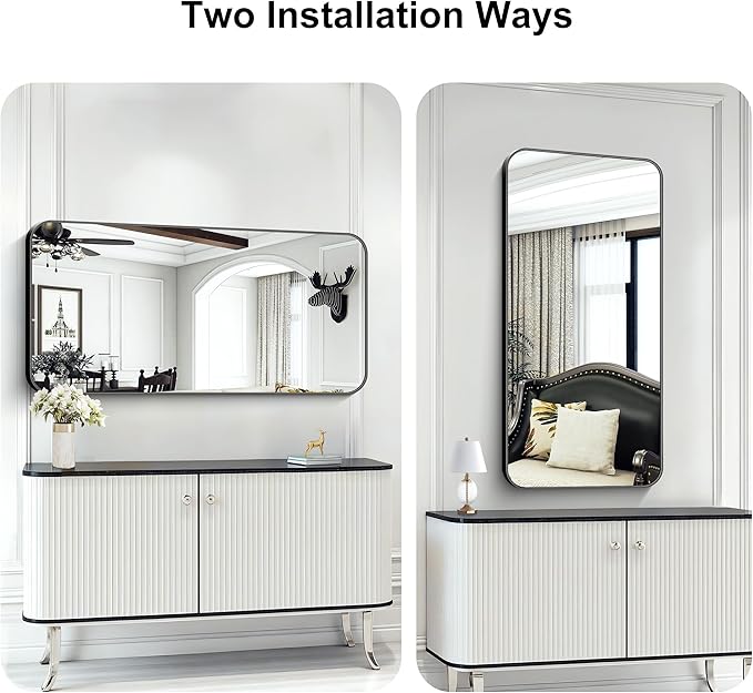 KOCUUY Black Bathroom Vanity Mirror, 24 x 48 inch Metal Frame Mirror with Rounded Corner, Rectangle Design of Upgraded Shatterproof Glass for Bathroom, Bedroom, Living Room, Entryway