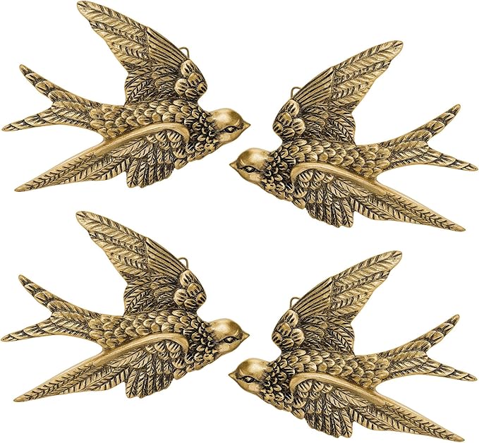 4 Pcs Vintage Bird Wall Sculpture Decor Art 4.7 Inch Antique 3D Sculpted Hanging Bird Resin Wall Art Golden Brass Rustic Floating Ornament for Living Room Garden Indoor Outdoor, Gift for Christmas