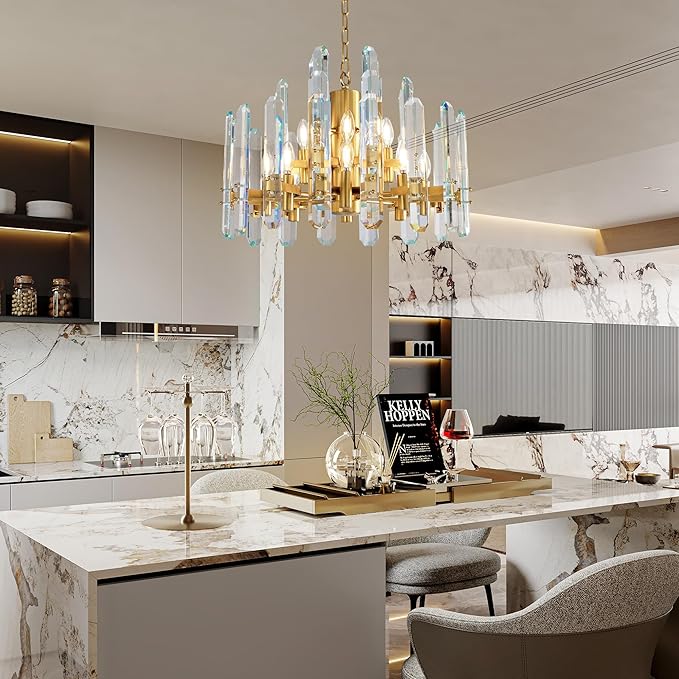 24" Modern Crystal Chandelier, 12-Light Luxury Gold Chandelier for Dining Room, Living Room, Bedroom, Foyer, Kitchen, Restaurant, Contemporary Round Adjustable Chain Chandeliers K9 Light Fixture