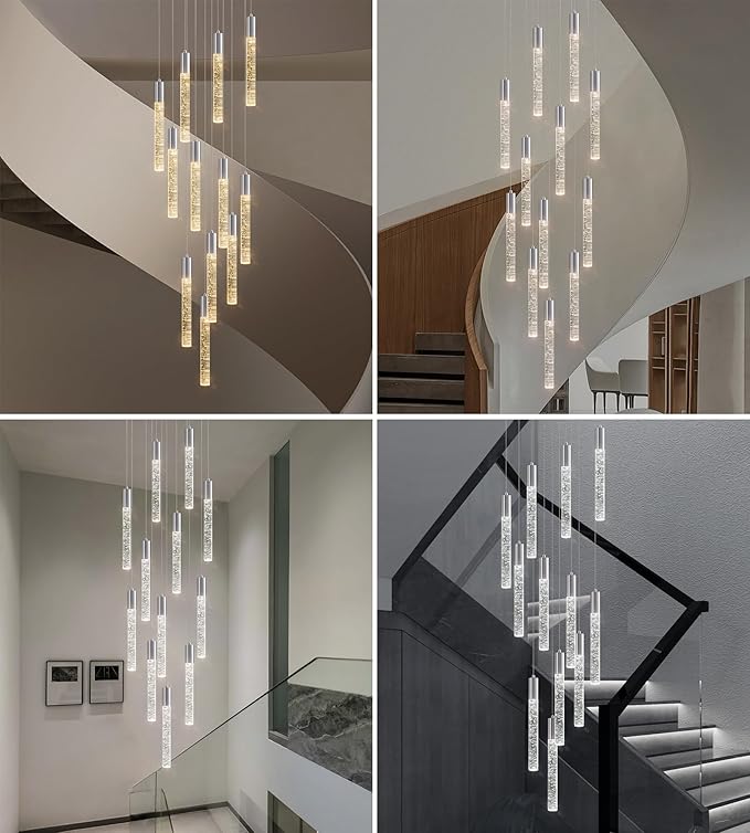 12-Lights High Ceiling Crystal Chandelier, Modern Large LED Raindrop Pendant Light Fixture 98.5" H Flush Mount Chandelier Chrome for Foyer Staircase Villa Living Room