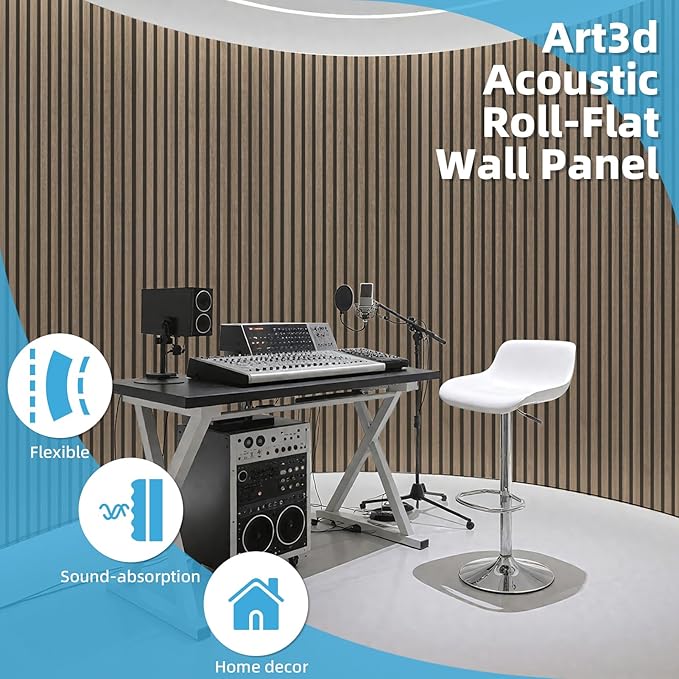 Art3d Acoustic Wood Slat Wall Panel with Roll-Flat Design - 95.3 x 23.8 Inch Sound Absorbing Panels for Living Room Columns Corridor Curved Wall Decor, 1-Pack Ebony