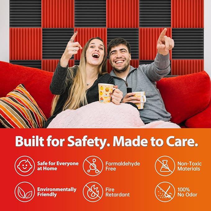 24 Pack Acoustic Panels – Sound Proof Foam Panels for Wall 12"x12"x2", Flame Retardant Wedge Acoustic Foam, High-Density Sound Absorbing Panels for Home Studio(Red, 2" Thick 24 Pack)