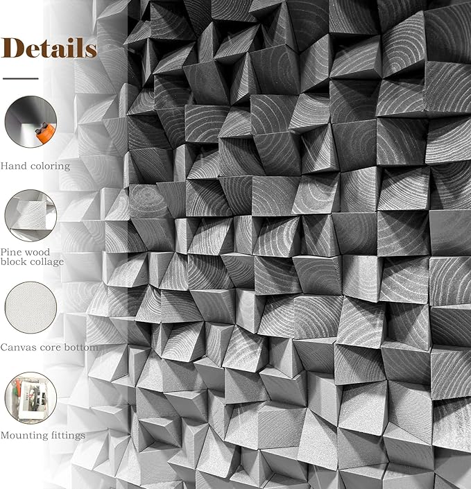 LIUZEYUE - Wooden Block Stereoscopic Painting Geometric Modeling Wall Decoration 3D Wooden Artwork Living Room Bedroom Background Wall Office Decoration Black and White Gradient 39.4 x 78.7 inches