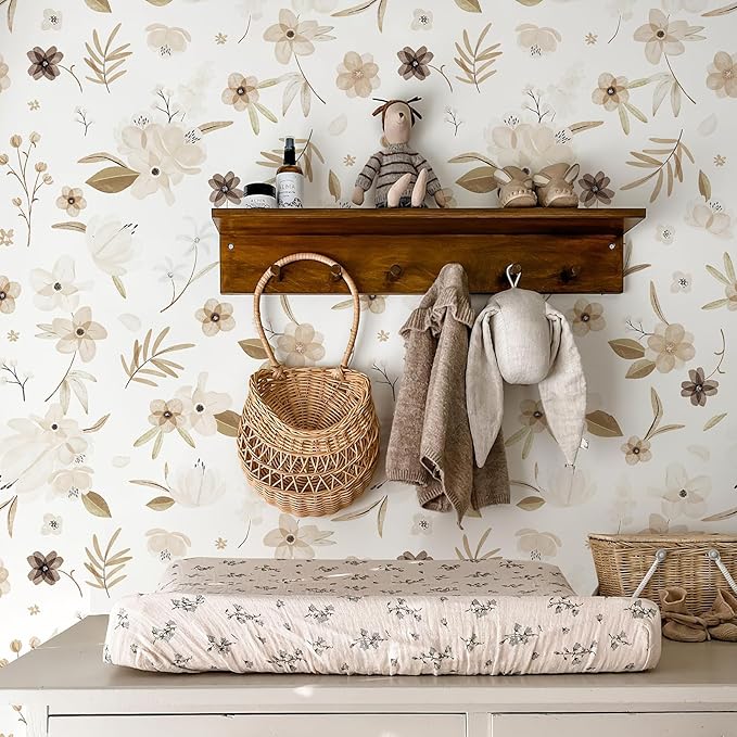 17.3"x236" Warm White Peel and Stick Wallpaper Autumn Brown Floral and Leaf Contact Paper Self Adhesive Removable Waterproof Wall Paper for Living Room Wall Decor