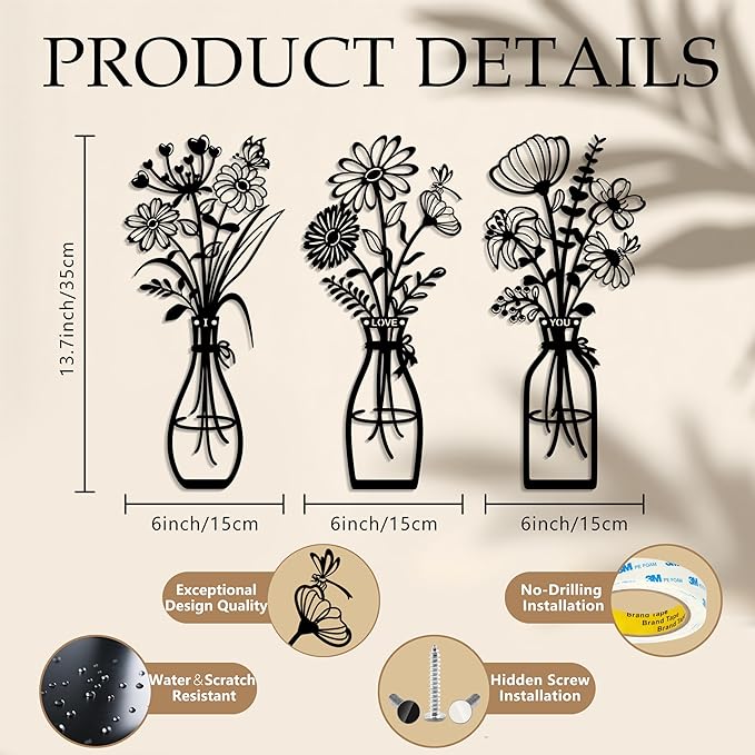 3 Pieces Metal Flowers Wall Art Decor, Farmhouse Minimalist Bathroom Wall Decors Sculptures for Living Room Dining Room Bedroom Housewarming Gifts