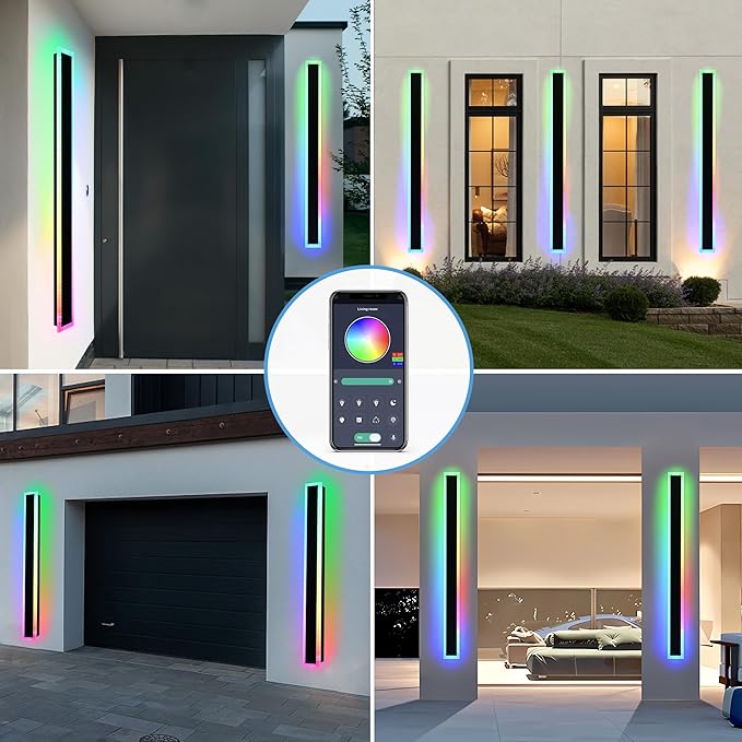 MELUCEE 2pcs 60in Long RGB Outdoor Wall Light Fixture, 5.1in Wide Dimmable Exterior Wall Lights IP65 Waterproof for Garage and Front Door, Long Outside Wall Sconce Black LED Outdoor Entrance Lighting