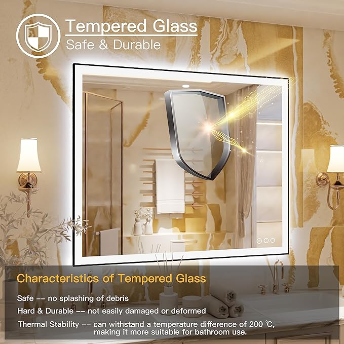 LED Mirror for Bathroom - 48x36 Vanity Mirror, Backlit & Front Light, Framed Dimmable, Anti-Fog, Shatterproof, Memory, 3 Colors
