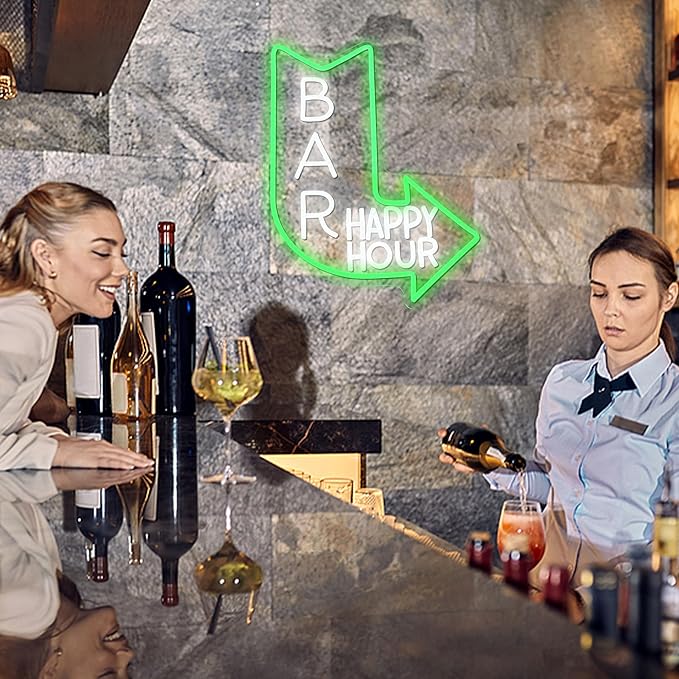 LISIGNVE Bar Happy Hour Neon Sign Adjustable Brightness Happy Hour Neon Light for Wall Decor LED Bar Light Up Sign for Beer Pub Club Party Man Cave (16.5”*12.6”)