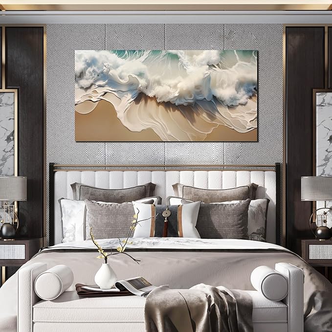Ocean Waves Canvas Wall Art for Living Room, Beach Scenery View Home Decor Picture, Sea Waves Canvas Wall-Decoration, Seaside Scene Decorative Print Artwork for Office Bedroom, Size 48x24 Inches