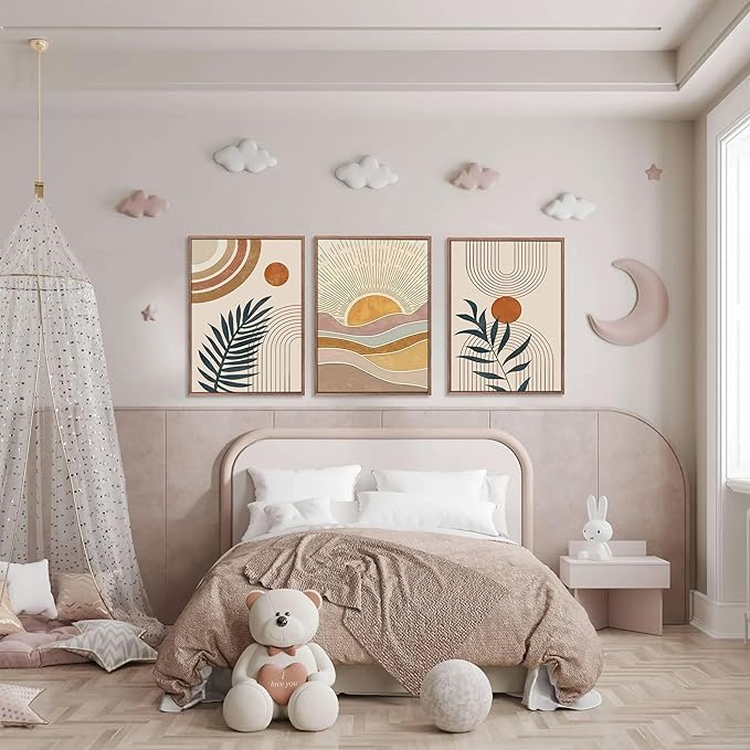 3Pcs Framed Boho Abstract Wall Art Orange Rainbow Sun Desert Minimalist Picture Mid-Century Modern Poster Prints Neutral Botanical Geometric Canvas Painting Wall Decor for Living Room 16L" x 12W"