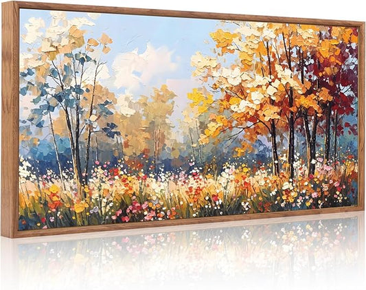Aurlan Forest Wildflowers Landscape Hand Painted Framed Wall Decor(40"x20"), Vintage Nature Yellow Leaves Scenery 3D Textured Canvas Oil Painting, Classical Watercolor Floral Wall Art for Living Room Bedroom